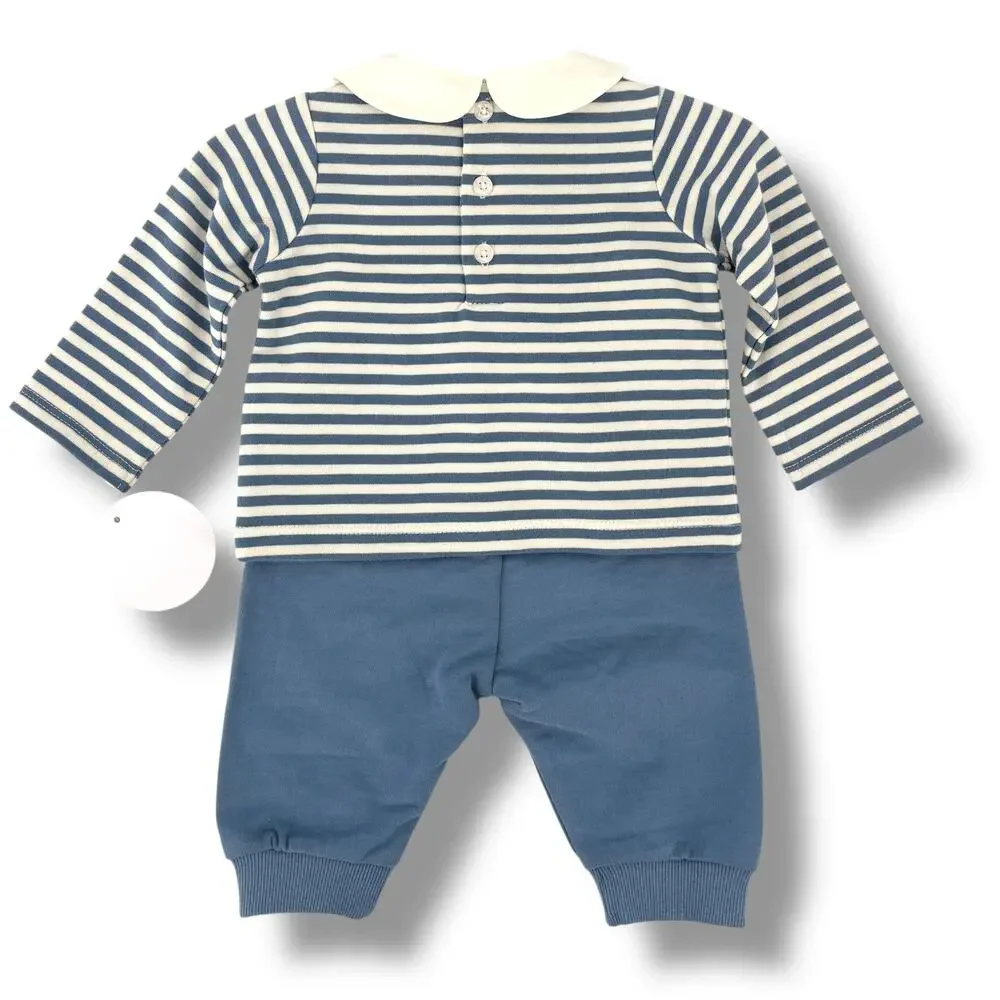 Edgehill Collection Blue Stripe 2pc Outfit Baby Boy Sz 9M Peter Pan Collar